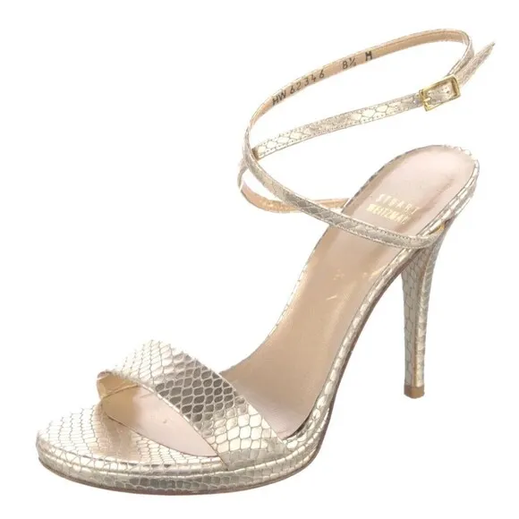 PRE-OWNED DESIGNER STUART WEITZMAN GOLD METALLIC LEATHER ANLE STRAP SANDALS 8.5