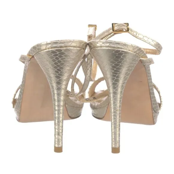 PRE-OWNED DESIGNER STUART WEITZMAN GOLD METALLIC LEATHER ANLE STRAP SANDALS 8.5