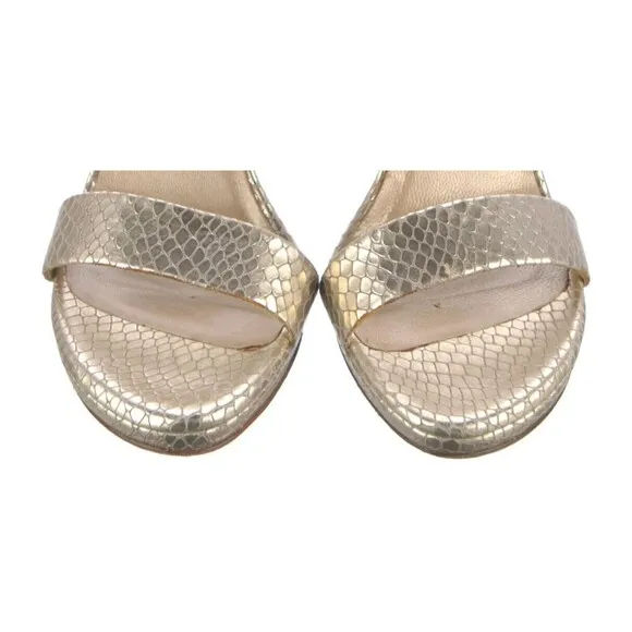 PRE-OWNED DESIGNER STUART WEITZMAN GOLD METALLIC LEATHER ANLE STRAP SANDALS 8.5