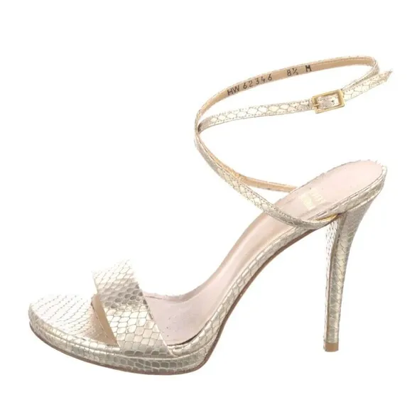 PRE-OWNED DESIGNER STUART WEITZMAN GOLD METALLIC LEATHER ANLE STRAP SANDALS 8.5