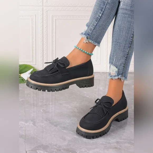 PU Leather Bow Platform Loafers