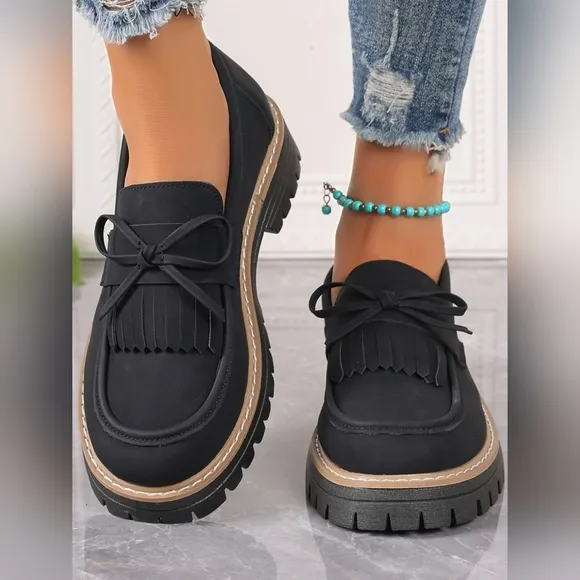 PU Leather Bow Platform Loafers