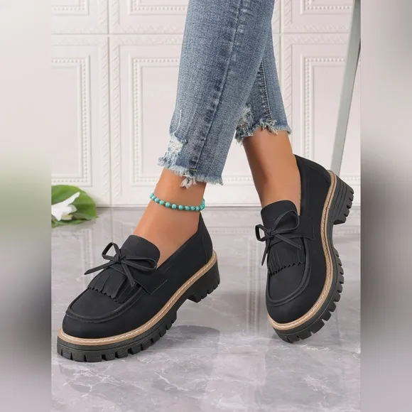 PU Leather Bow Platform Loafers