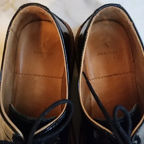Purified Black Patent Leather Lace-Up Loafers, Sz 38