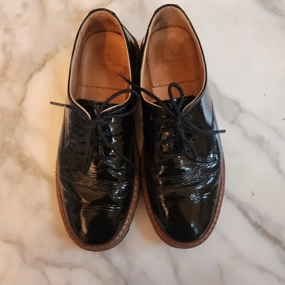Purified Black Patent Leather Lace-Up Loafers, Sz 38