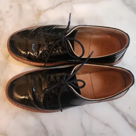 Purified Black Patent Leather Lace-Up Loafers, Sz 38