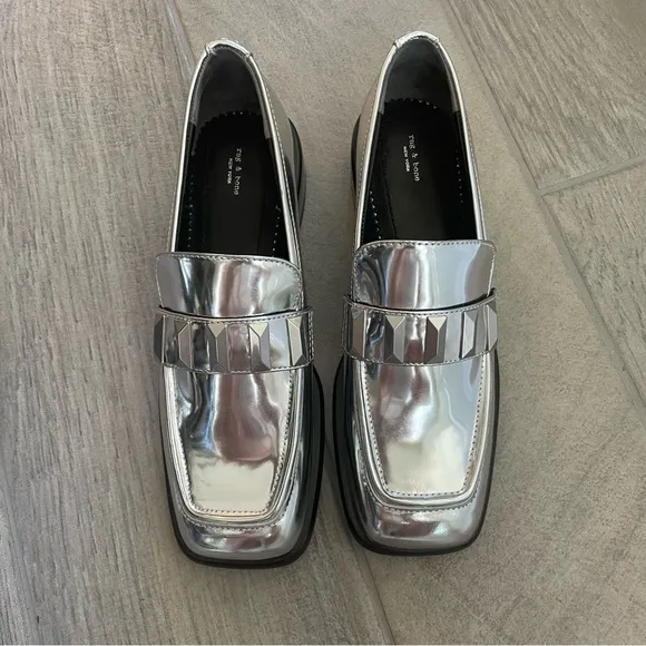 Rag &amp; Bibs Silver Metallic Maxwell Loafers Leather size 38/ 9