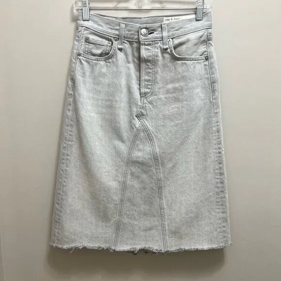 Rag &amp; Bone Anchor Denim Jean Skirt Midi A-Line Frayed Hem Gray size 25