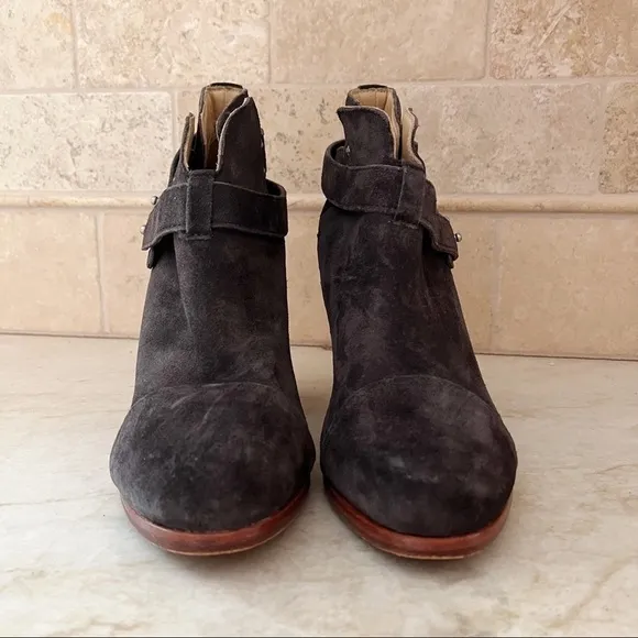 rag &amp; bone Harrow Suede Booties Harness Stacked Heel Strap Boots