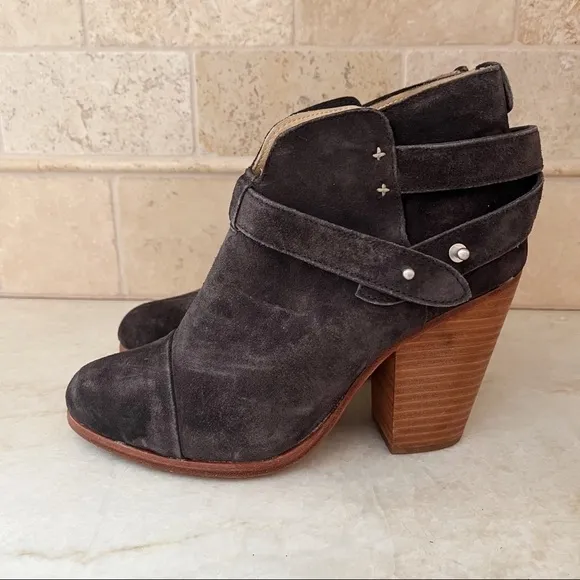 rag &amp; bone Harrow Suede Booties Harness Stacked Heel Strap Boots
