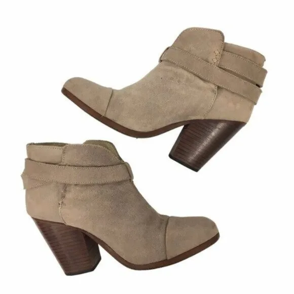 Rag &amp; Bone Suede Ankle Boots Women Size 8 Harrow Taupe Tan Suede Stacked Heel