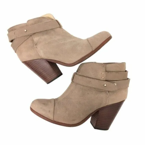 Rag &amp; Bone Suede Ankle Boots Women Size 8 Harrow Taupe Tan Suede Stacked Heel