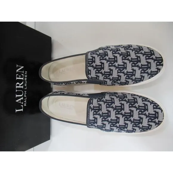 Ralph Lauren Jinny Monogram Jacquard Fashion Slip On Sneaker Navy / Tan Size 8.5