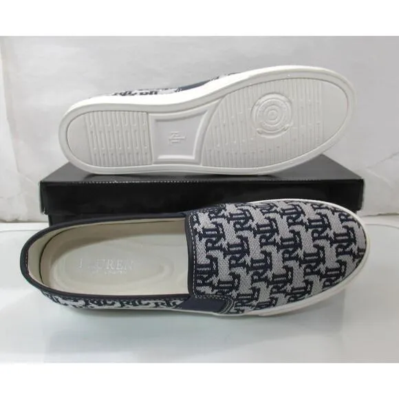 Ralph Lauren Jinny Monogram Jacquard Fashion Slip On Sneaker Navy / Tan Size 8.5
