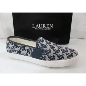 Ralph Lauren Jinny Monogram Jacquard Fashion Slip On Sneaker Navy / Tan Size 8.5