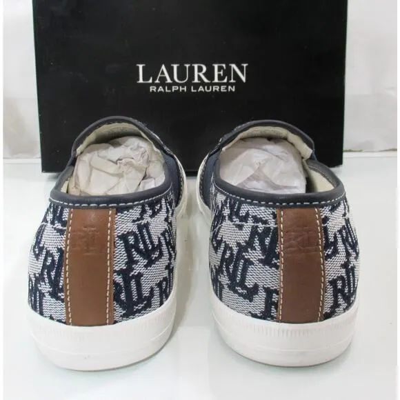Ralph Lauren Jinny Monogram Jacquard Fashion Slip On Sneaker Navy / Tan Size 8.5