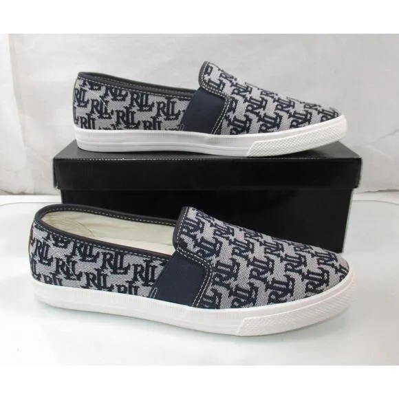 Ralph Lauren Jinny Monogram Jacquard Fashion Slip On Sneaker Navy / Tan Size 8.5