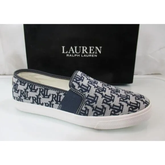 Ralph Lauren Jinny Monogram Jacquard Fashion Slip On Sneaker Navy / Tan Size 8.5