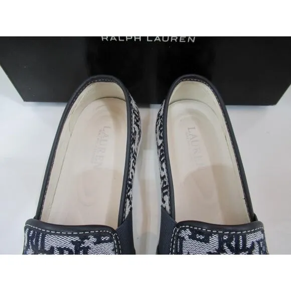 Ralph Lauren Jinny Monogram Jacquard Fashion Slip On Sneaker Navy / Tan Size 8.5