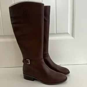 Ralph Lauren Madisen Brown Leather‎ Knee High Boots Zip Women’s Size 9.5B NEW