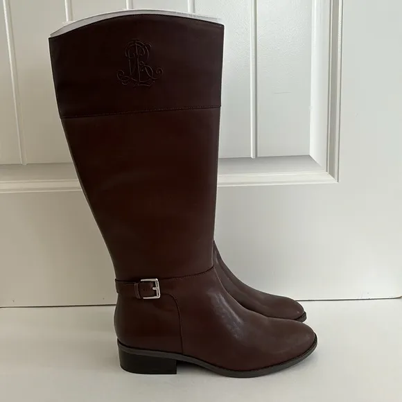 Ralph Lauren Madisen Brown Leather‎ Knee High Boots Zip Women’s Size 9.5B NEW