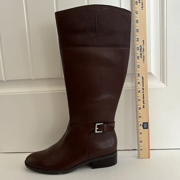 Ralph Lauren Madisen Brown Leather‎ Knee High Boots Zip Women’s Size 9.5B NEW