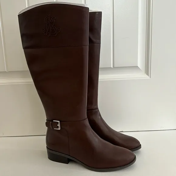 Ralph Lauren Madisen Brown Leather‎ Knee High Boots Zip Women’s Size 9.5B NEW