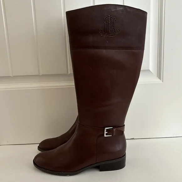 Ralph Lauren Madisen Brown Leather‎ Knee High Boots Zip Women’s Size 9.5B NEW