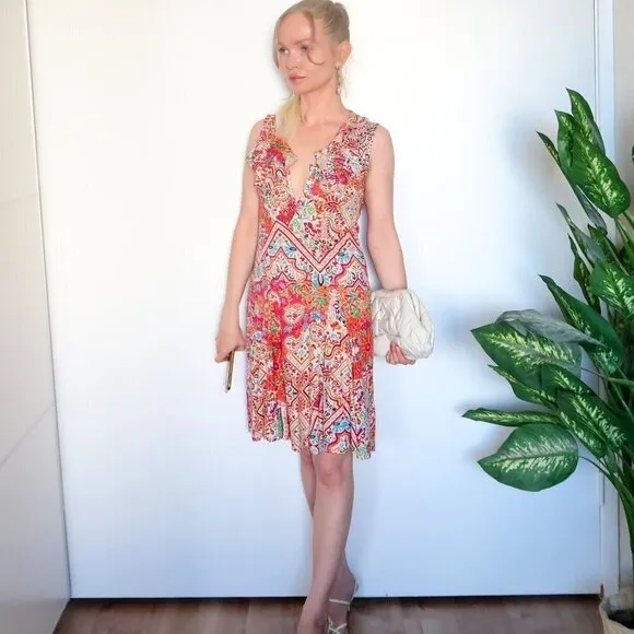 Ralph Lauren Multicolor Ruffle V-neck Sleeveless Tank Flare Mini Dress Size SP