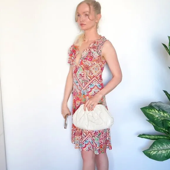Ralph Lauren Multicolor Ruffle V-neck Sleeveless Tank Flare Mini Dress Size SP