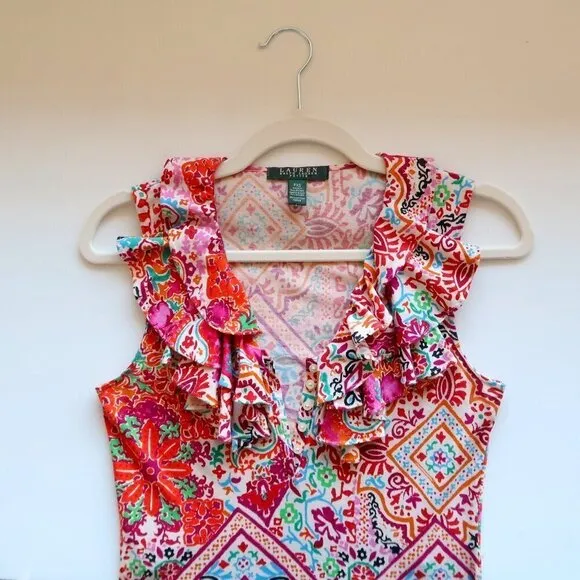 Ralph Lauren Multicolor Ruffle V-neck Sleeveless Tank Flare Mini Dress Size SP