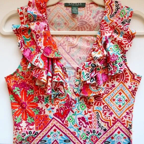 Ralph Lauren Multicolor Ruffle V-neck Sleeveless Tank Flare Mini Dress Size SP