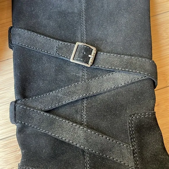 Ralph Lauren Shelby Suede Leather Black Boots 9 B Zipper Riding Straps Buckle