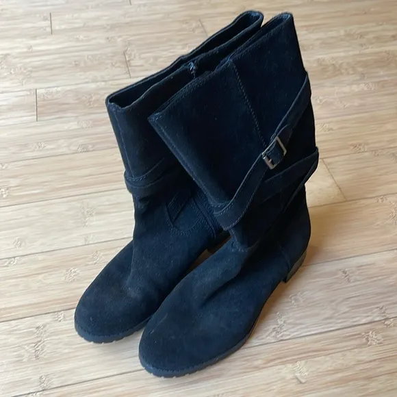 Ralph Lauren Shelby Suede Leather Black Boots 9 B Zipper Riding Straps Buckle