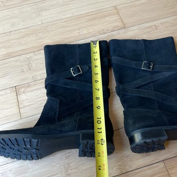Ralph Lauren Shelby Suede Leather Black Boots 9 B Zipper Riding Straps Buckle
