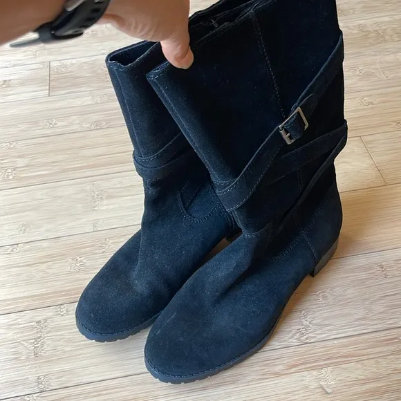 Ralph Lauren Shelby Suede Leather Black Boots 9 B Zipper Riding Straps Buckle