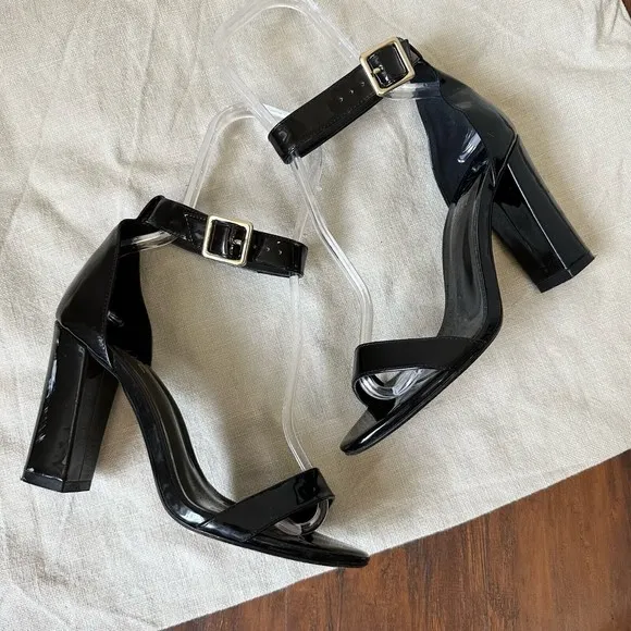 RAYE Patent Leather Strappy Ankle Strap Heeled Sandals Pump in Black