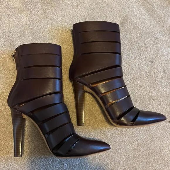 Rebecca Minkoff Chocolate Burgundy Leather Cutout High Heel Boots size 10