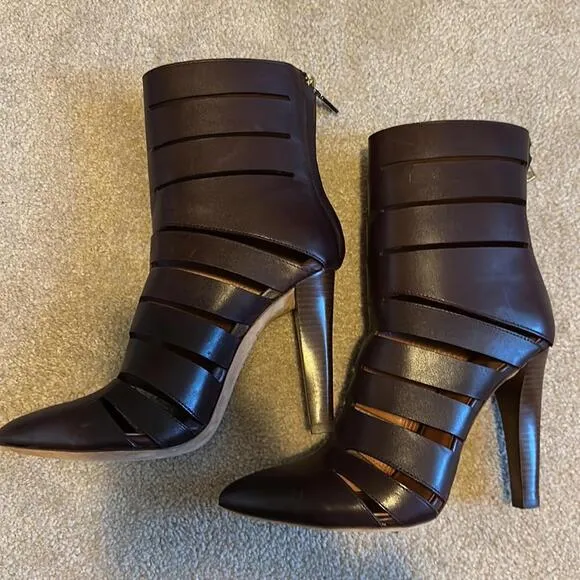 Rebecca Minkoff Chocolate Burgundy Leather Cutout High Heel Boots size 10
