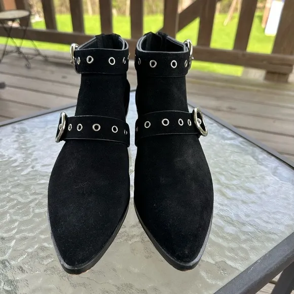 Rebecca Minkoff Kiana Black Studded Buckle Ankle Suede Woman’s Bootie Size 8.5M