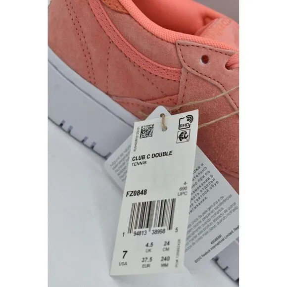 Reebok Womens Size 7 Club C 85 Double White Coral Tennis Style Fashion Sneakers