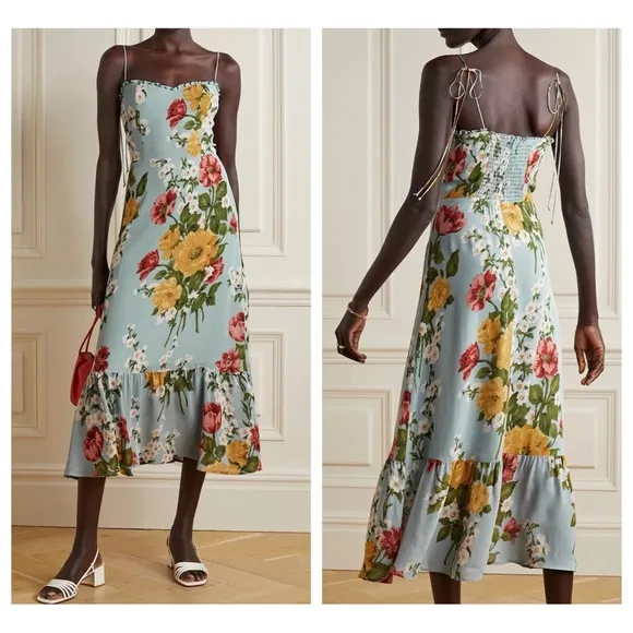 Reformation Blue Enya Floral Printed Crepe Midi Dress size 18 Romantic Parisan