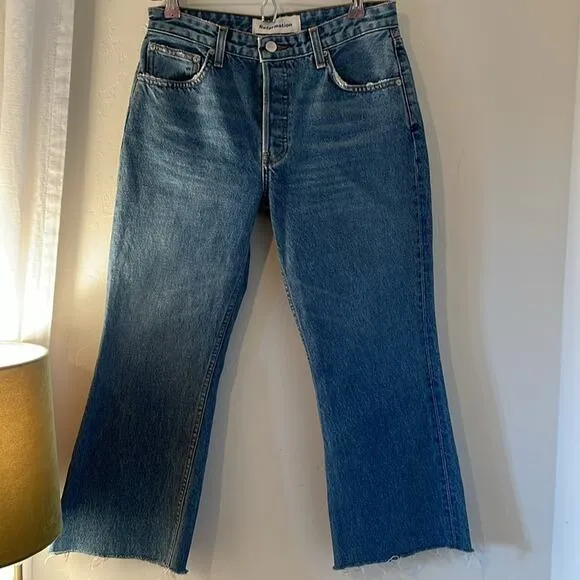 Reformation The Mid Crop Flare Petite Jeans Baltic Wash Size 27