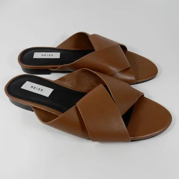 Reiss Brooke Slide Flat SANDALS Size 38 7.5 Brown Leather NEW $225