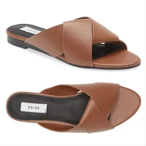 Reiss Brooke Slide Flat SANDALS Size 38 7.5 Brown Leather NEW $225