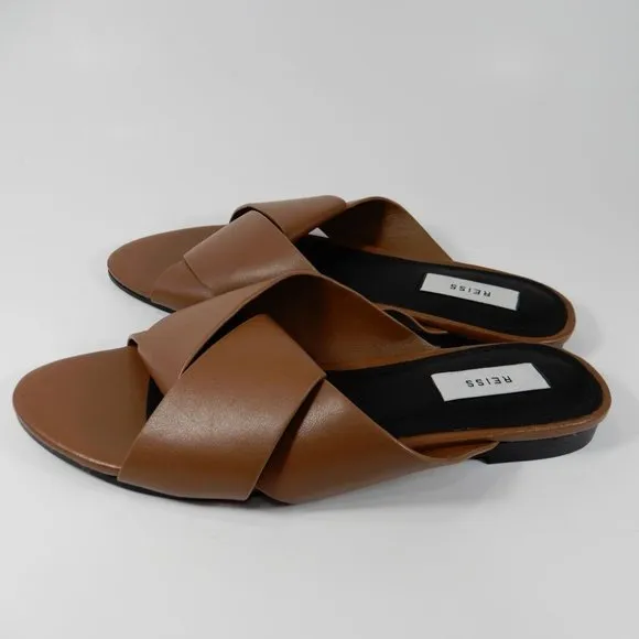 Reiss Brooke Slide Flat SANDALS Size 38 7.5 Brown Leather NEW $225