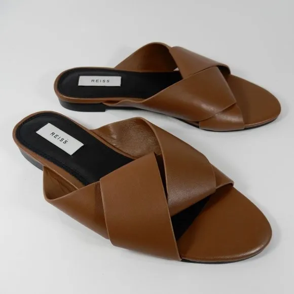 Reiss Brooke Slide Flat SANDALS Size 38 7.5 Brown Leather NEW $225