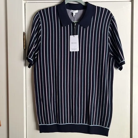 Reiss Code Knit Polo Half Zip Striped Shirt in Blue Size Medium