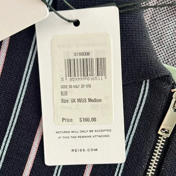 Reiss Code Knit Polo Half Zip Striped Shirt in Blue Size Medium