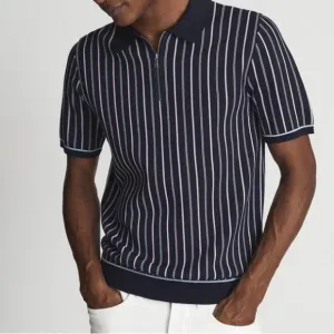 Reiss Code Knit Polo Half Zip Striped Shirt in Blue Size Medium